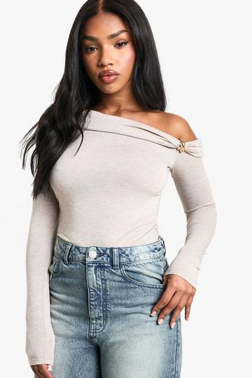 Marl off shoulder trim detail bodysuit oatmeal