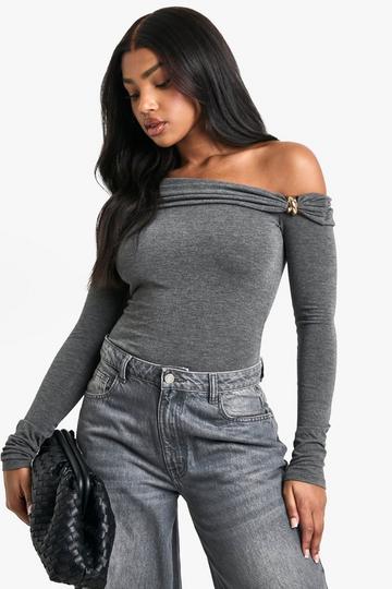 Marl off shoulder trim detail bodysuit charcoal