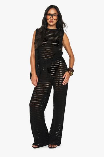 Crochet Knitted High Neck Top and Wide Leg Trouser black