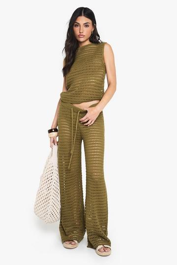 Khaki Crochet Knitted High Neck Top and Wide Leg Trouser