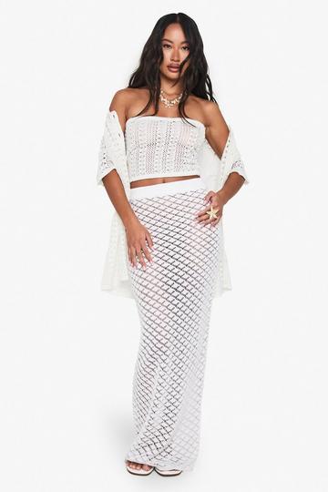 Crochet Oversized Shirt, Bandeau Top and Maxi Skirt Set cream