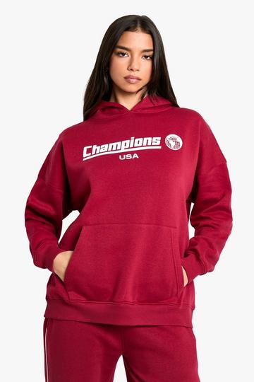 Red Champions Usa Slogan Oversized Hoodie