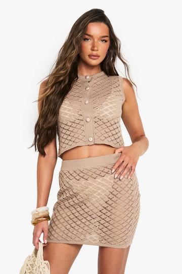 Crochet Button Detail Crop Top and Mini Skirt Co-Ord mocha