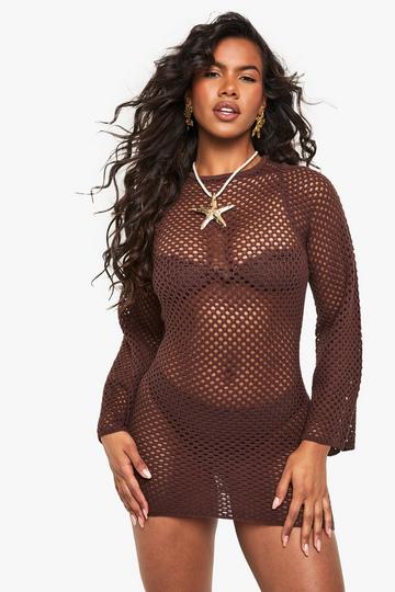 Crochet Flare Sleeve Mini Dress chocolate