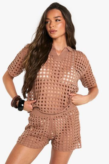 Oversized Gehaakte Blouse En Gebreide Shorts Set mocha