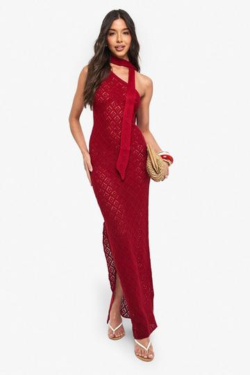 Crochet Knitted Asymmetric Shoulder Dress and Neck Tie red