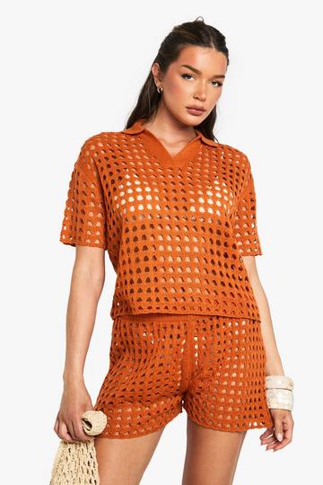 Oversized Gehaakte Blouse En Gebreide Shorts Set rust