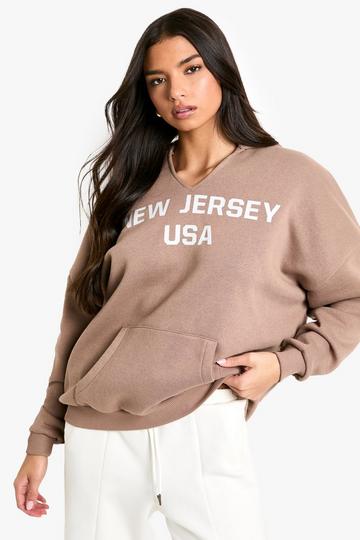 New Jersey USA Slogan Slash Neck Oversized Hoodie taupe