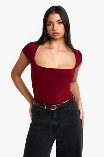 Double Layer Slinky Square Neck Cap Sleeve Bodysuit burgundy