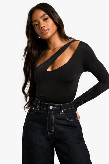 Double layer slinky cut out one shoudler bodysuit black