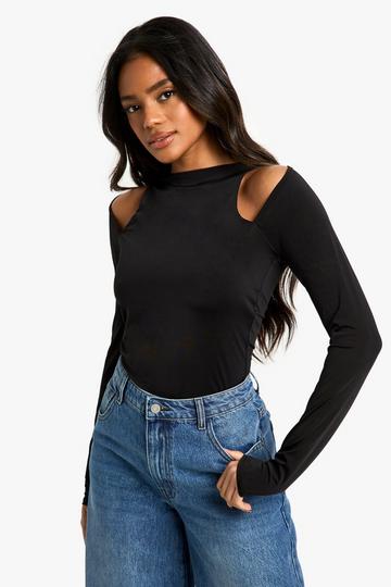 Double layer slinky cut out shoulder bodysuit black