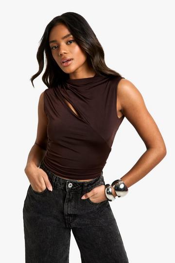 Slinky High neck cut out detail drape neck top chocolate