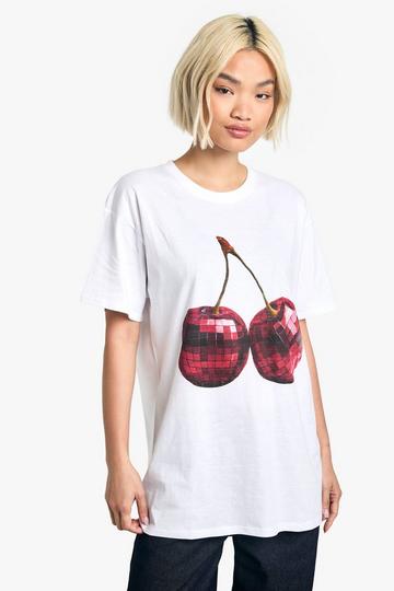 White Disco Cherry Print Oversized T-shirt