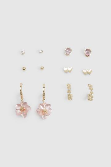 Flower and Heart Detail Earring 6 Pack gold