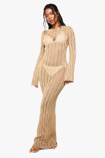 Scoop Back Long Sleeve Crochet Beach Dress camel