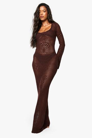 Long Sleeve Crochet Beach Dress chocolate