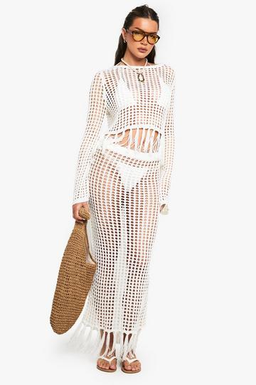 Tassel Trim Crochet Skirt cream