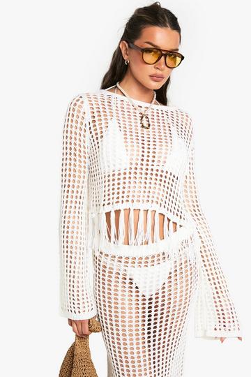 Tassel Trim Crochet Top cream