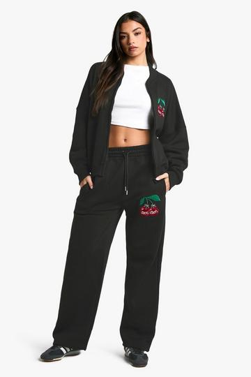 Cherry Print Zip Up Tracksuit Set black