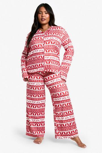 Plus Christmas Fairisle Trouser Pyjama Set red