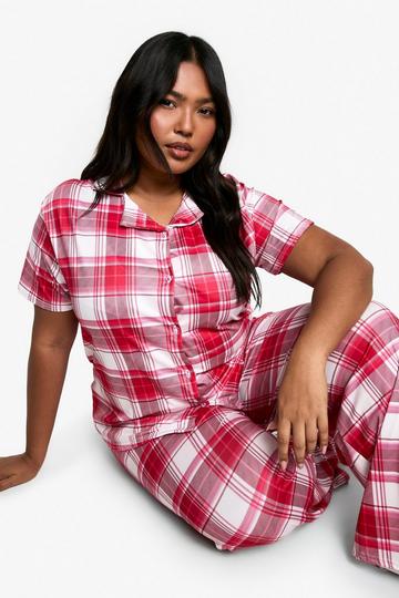 Plus Short Sleeve Check Button Trouser Set Pyjama red