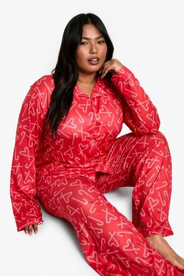 Plus Candy Cane Bow Trouser Pyjama Set red