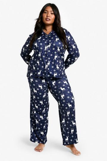 Plus Reindeer Trouser Pyjama Set dark navy