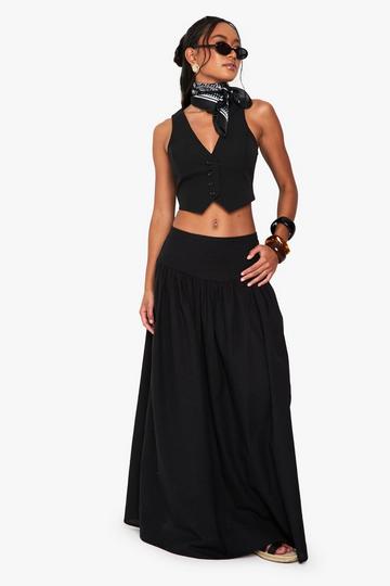 Panel Detail Full Linen Look Maxi Skirt black