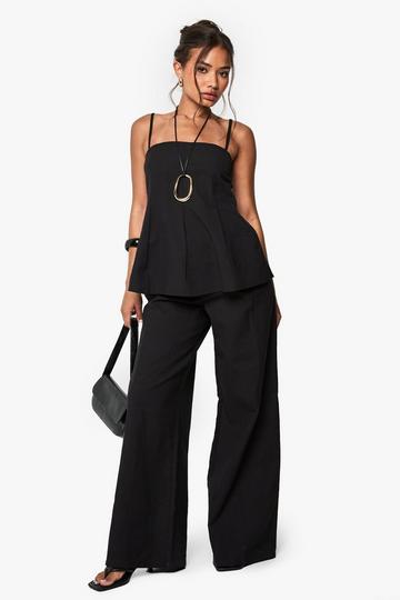 Linen Look Pleated Square Neck Cami Top And Wide Leg Trousers Co-Ord black