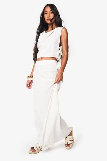 Linen Look Cowl Neck Crop Top And A Line Maxi Skirt Co-Ord ecru
