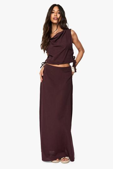 Linen Look Cowl Neck Crop Top And A Line Maxi Skirt Co-Ord chocolate
