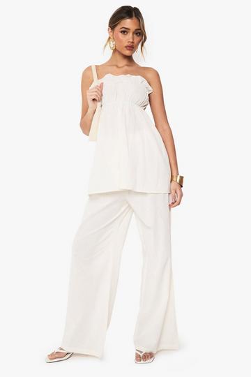 Linen Look Longline Bandeau And Wide Leg Trouser Co-Ord ecru