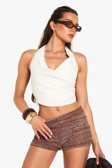 Linen Look Wrap Front Crop Top ecru