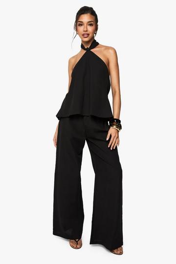 Linen Look Halterneck Swing Top And Wide Leg Trousers Co-Ord black
