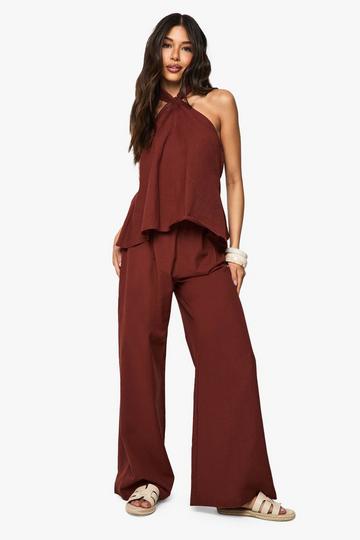 Linen Look Halterneck Swing Top And Wide Leg Trousers Co-Ord rust