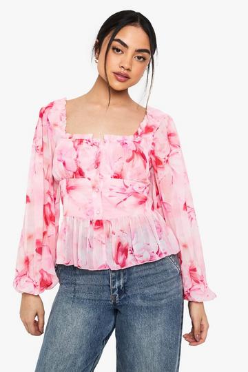 Floral Print Ruffle Hem Woven Corset pink