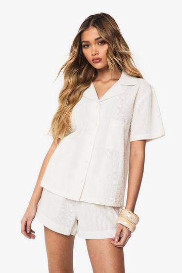 Seersucker Overhemd Met Korte Mouwen En Losse Shorts Set ivory