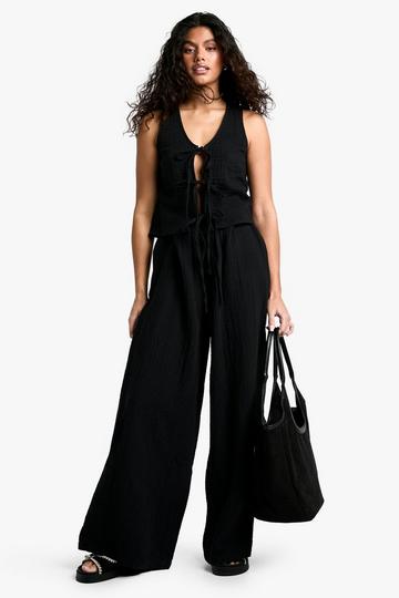 Cheesecloth Elasticated Waist Wide Leg Trousers black