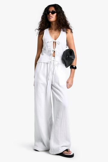 Cheesecloth Elasticated Waist Wide Leg Trousers white