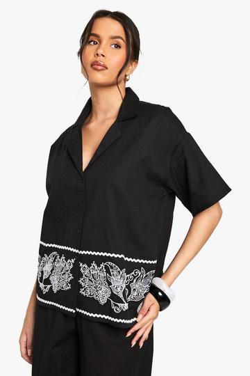 Linnen Look Blouse Met Geborduurde Zoom black