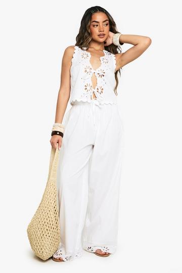 Cotton Poplin Broderie Trim Waistcoat & Trousers Co-ord white