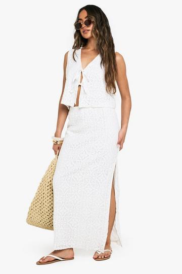 Crochet Side Split Maxi Skirt white