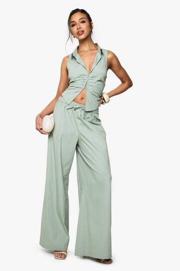 Drawstring Waist Poplin Wide Leg Trousers sage