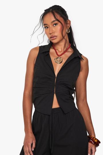 Ruched Poplin Sleeveless Waistcoat black