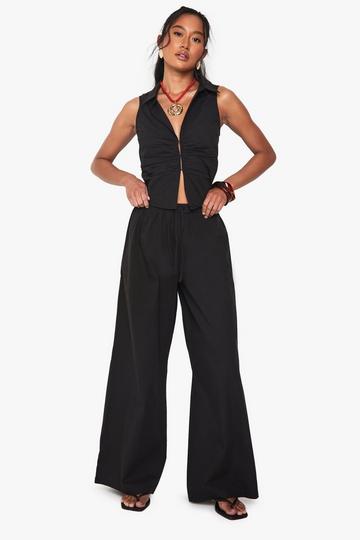 Drawstring Waist Poplin Wide Leg Trousers black