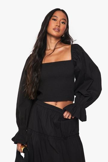 Black Shirred Cotton Poplin Blouse