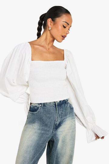 Shirred Cotton Poplin Blouse white