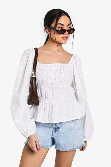 Ruched Cotton Poplin Blouse white