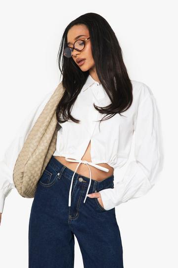 Crop Drawstring Ruched Hem Shirt white