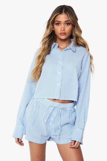 Blauwe Seersucker Crop Top Met Krijtstrepen En Shorts Set blue